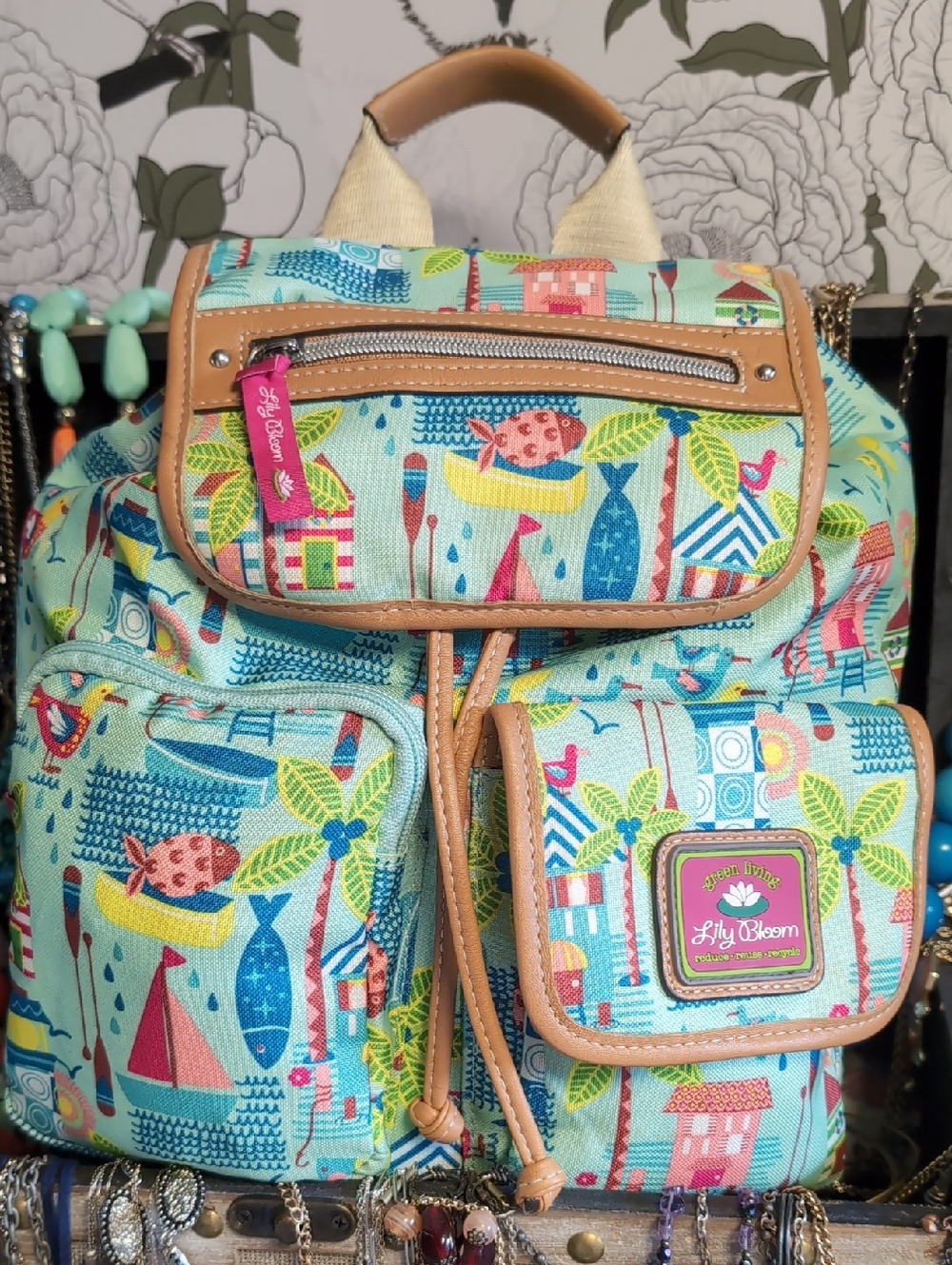 Aqua Coastal Print Canvas Backpack with Tan Trim By Lilly Bloom